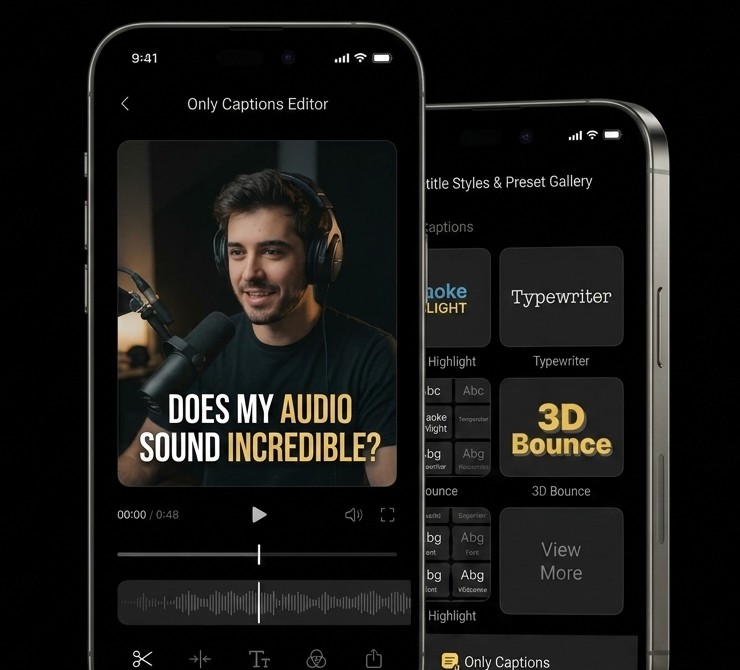 Only Captions iOS app running on dual iPhone frames displaying AI video auto captions and subtitle presets